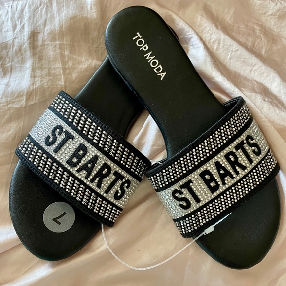 Chic Top Moda NWT Rhinestone ST. BARTS Slip-On Flat SANDALS size 7 - Picture 6 of 10